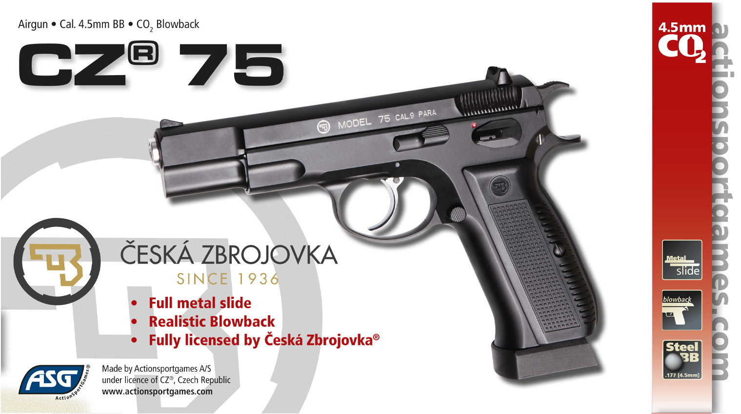 ΑΕΡΟΒΟΛΟ ASG CZ75, GBB, Metal Slide, 4.5mm
